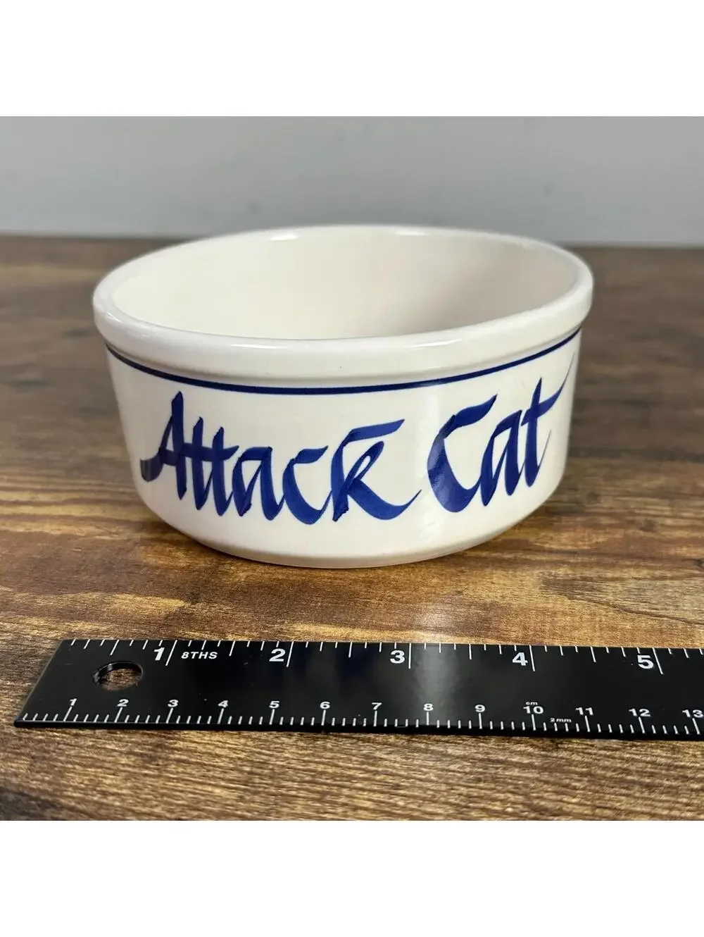 Vintage 90s Attack Cat Ceramic Pet Bowl White Blue Script Cat Lover Gift